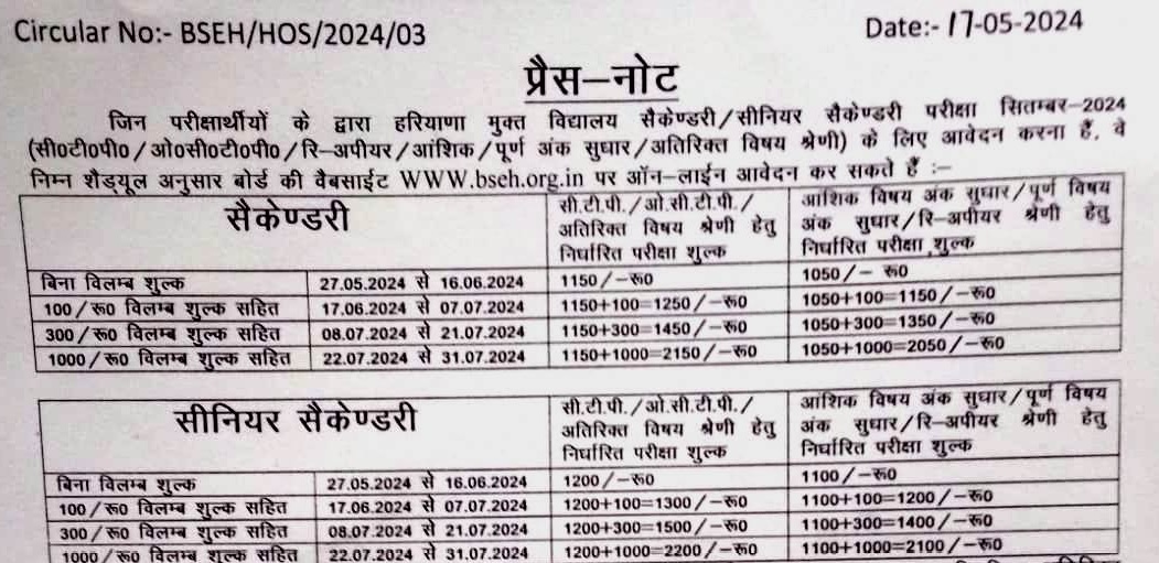 HBSE HOS CTP Reappear Form